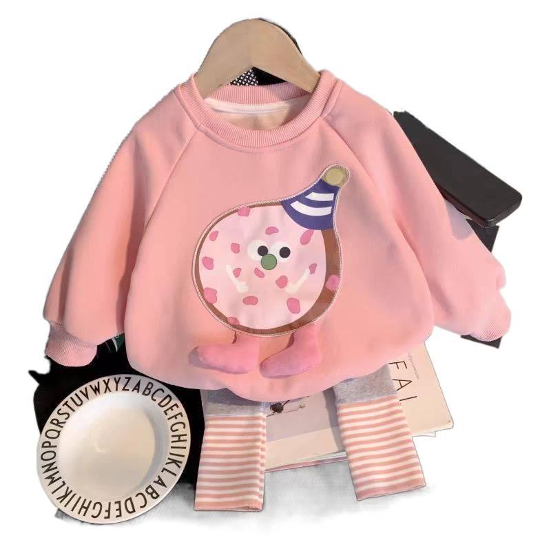 Girls' Cartoon Long-Sleeve Sweatshirt Set - Toddler & Baby Korean Casual Two-Piece Outfit for Spring and Autumn.