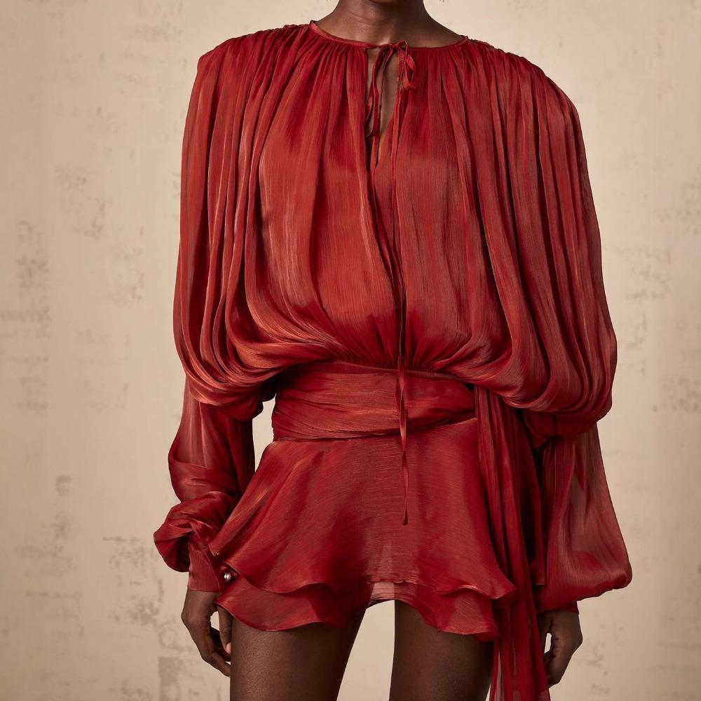 Women's Long Sleeve Shiny Chiffon Two Piece Mini Dress Tie Neck Ruched Waist Irregular Ruffle Skirt With Shorts Liner