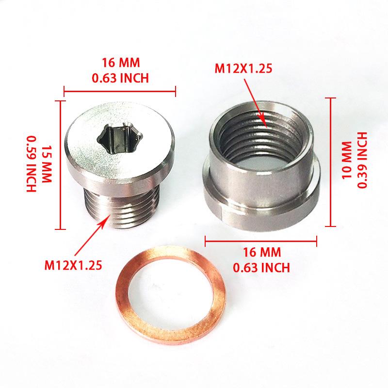 M12x1 25 Hex Socket Exhaust Pipe Nut Plug Stainless Steel with Gasket Automotive Parts Step Nut Plug