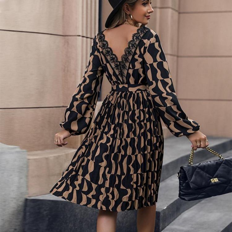 Autumn Winter Women Elegant V Neck Long Sleeve High Waist A Line Knee Length Casual Print Dress