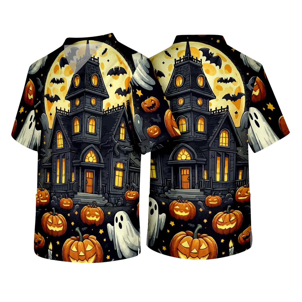 Men's Short Sleeve V Neck Halloween Print Medical Scrub Top with Chest Pocket and Two Lower Pockets Suitable for Healthcare Professionals