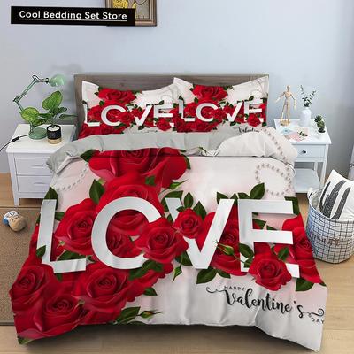 Copripiumino King Queen Rosa Rossa Set di Biancheria da Letto Romantico con Fiori Copripiumino per San Valentino Coppie Floreale Poliestere Copripiumino