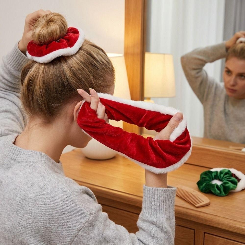 White Trim Christmas Velvet Hair Scrunchie Elastic Headwear Ornament Plush Hair Bands Holiday