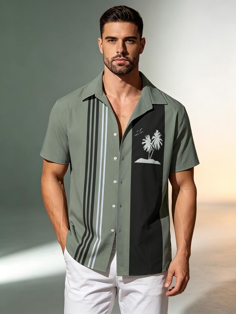 Printed Design – Not Textured Men's Short Sleeve Lapel Shirt - Palm Tree Print Button-Up Shirt, Machine Washable Summer Beachwear, Casual Daily Wear,
