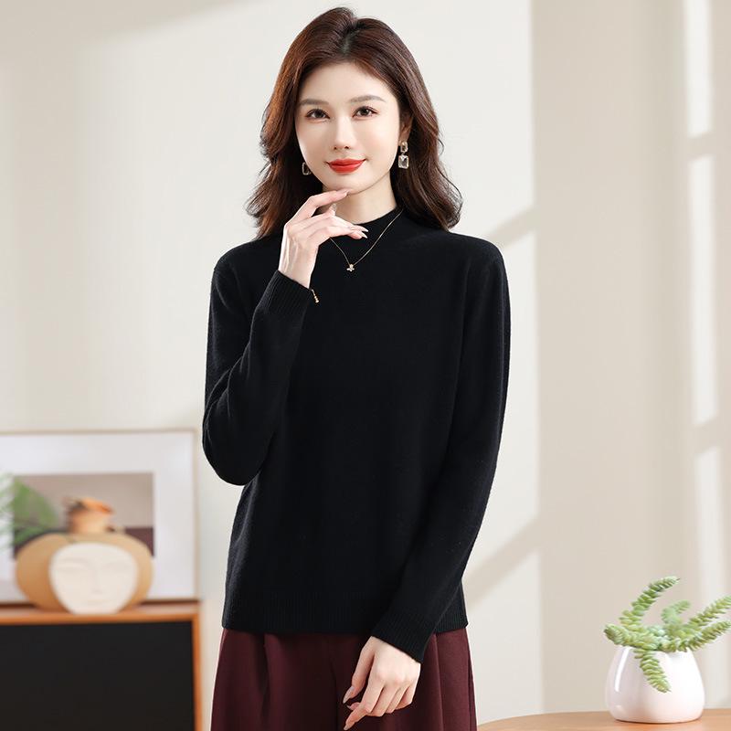 Women's Pure Wool Half-High Collar Sweater - Autumn/Winter Solid Color Loose Warm Pullover Base Layer