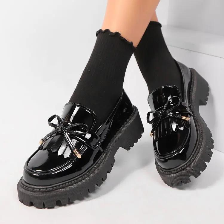 Plus Size Summer Black Retro Platform Flats Women Easy To Put on Butterfly Knot Med Heels Loafers Daily