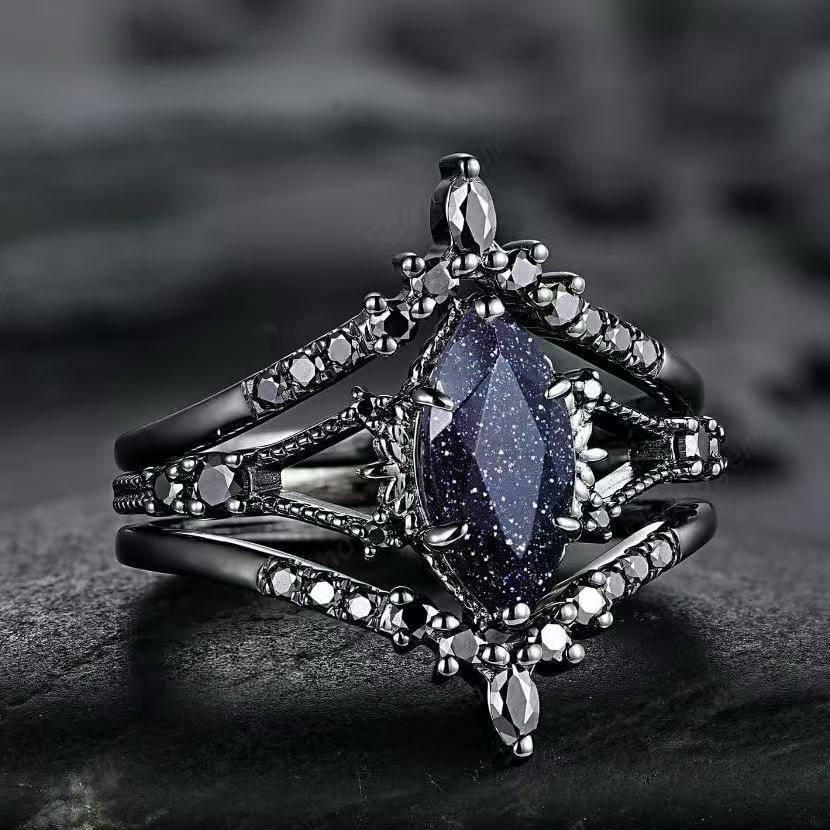 New European and American style gunmetal black retro three-piece ring set Starry Sky Crystal Black Warrior Jewelry
