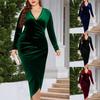 Dámské módní sametové pouzdrové šaty plus size, sexy jednobarevné plisované s výstřihem do V a dlouhým rukávem