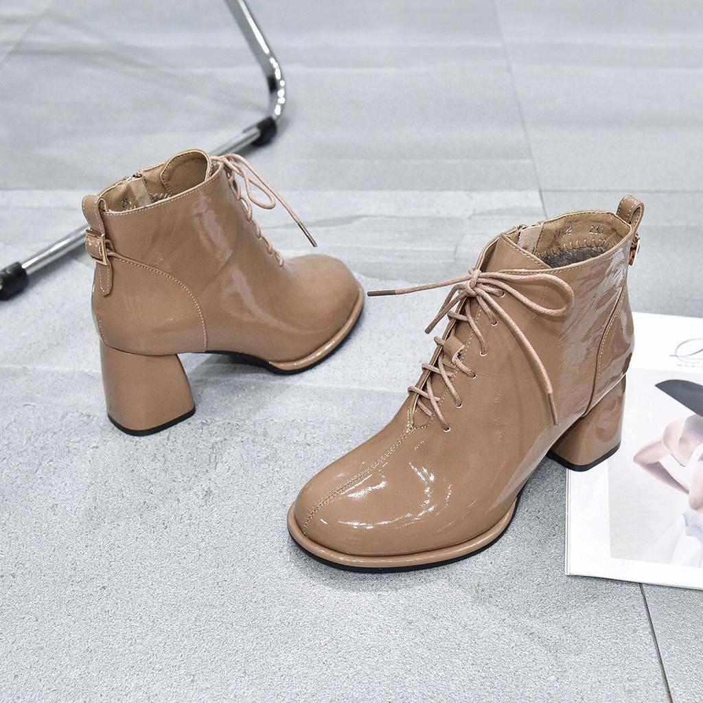 Fashion high-heeled short boots autumn and winter new thick-heeled lace-up cow patent leather fashion boots leather boots women's locomotive boots