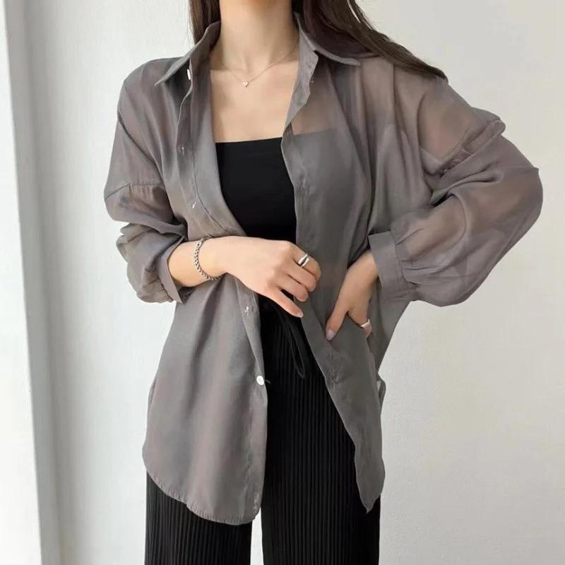 Colors Shirts Women Sheer Thin Chic Summer Simple Solid Sun-proof Temper Fashion Baggy All-match Basic Korean Style Clothes