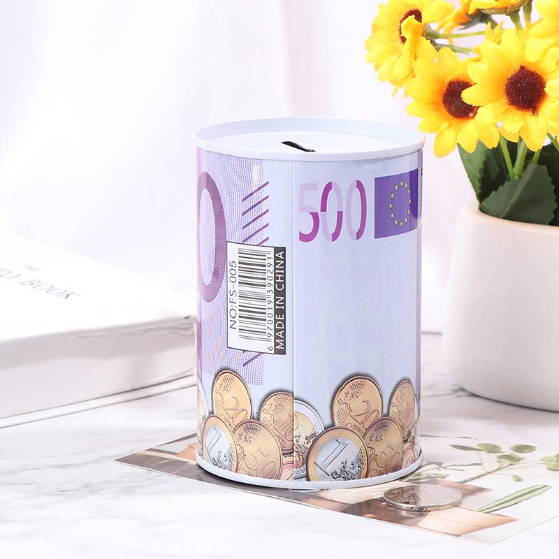 Tinplate Cylinder Piggy Bank Euro Dollar Picture Box Household Saving Money Box