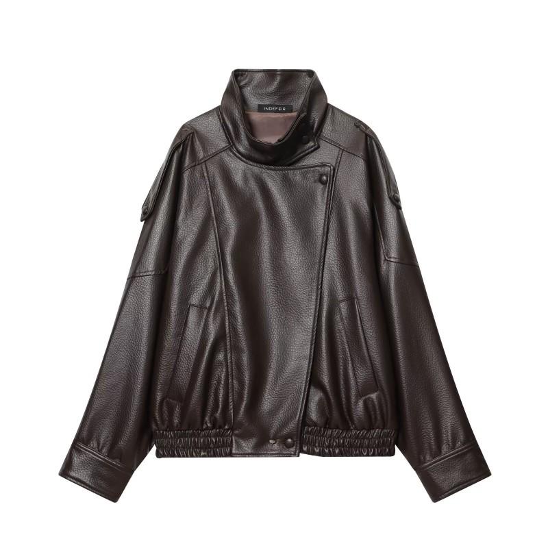 Womens Oversized Faux Leather Jacket Casual Chic Coat 2026 Lightweight Stand Collar Long Sleeve