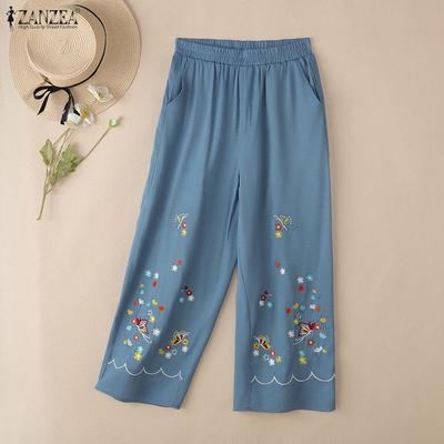 Women Casual Elastic Waist Loose Floral Embroidery Cropped Pants