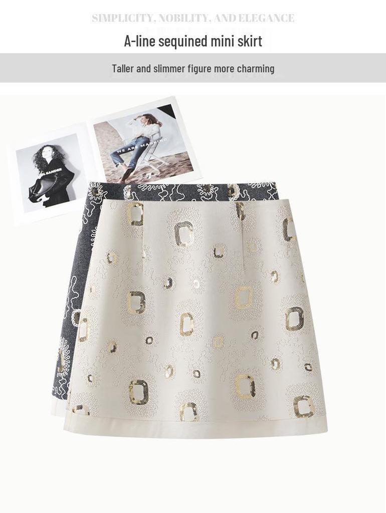 Spring 2026 Women's High-End Khaki Sequin Embroidered A-Line Short Skirt