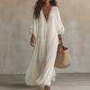 Rochie lungă albă din dantelă cu decolteu în V, rochie de vacanță pe plajă cu mâneci evazate, pliurile de zână sunt elegante și relaxate la malul mării