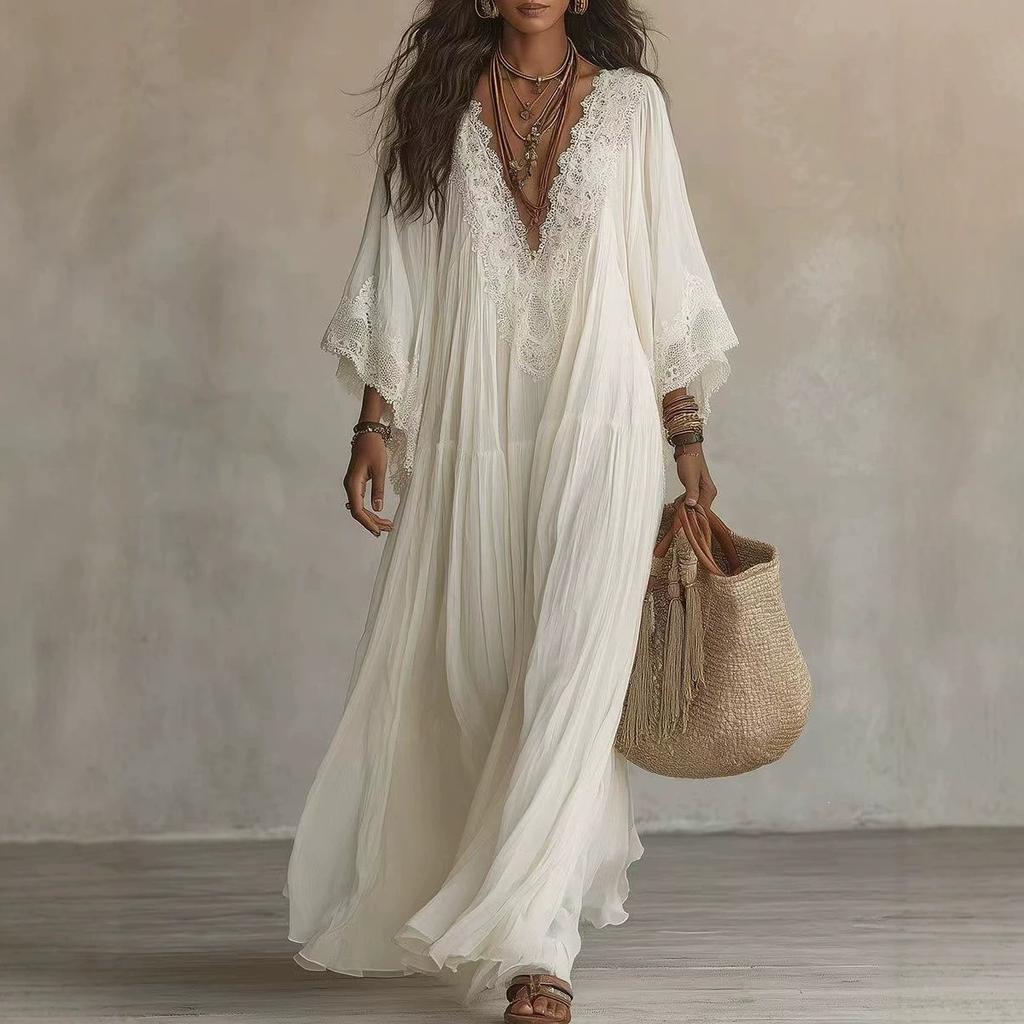 Rochie lungă albă din dantelă cu decolteu în V, rochie de vacanță pe plajă cu mâneci evazate, pliurile de zână sunt elegante și relaxate la malul mării