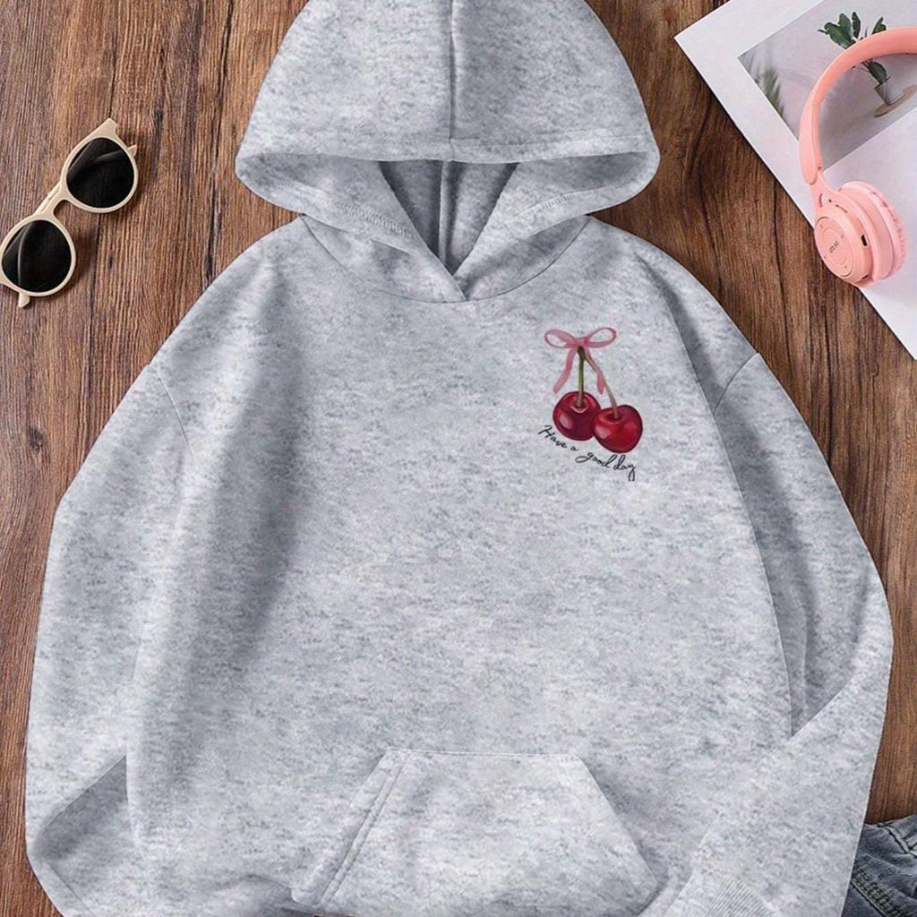 Felpa Casual Moda Bambini Autunno/Inverno Colore Unito Carino Fiocco Motivo Ciliegie Stampa Lettere, Adatta per Attività all'Aperto