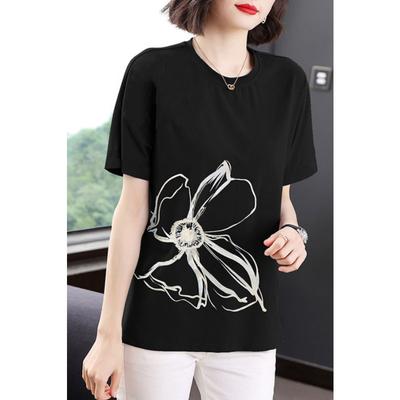 Fashionable Round Neck Modified Loose Casual T-shirt for Women Korean Style Versatile Printed Cool and Comfortable Pullover Top