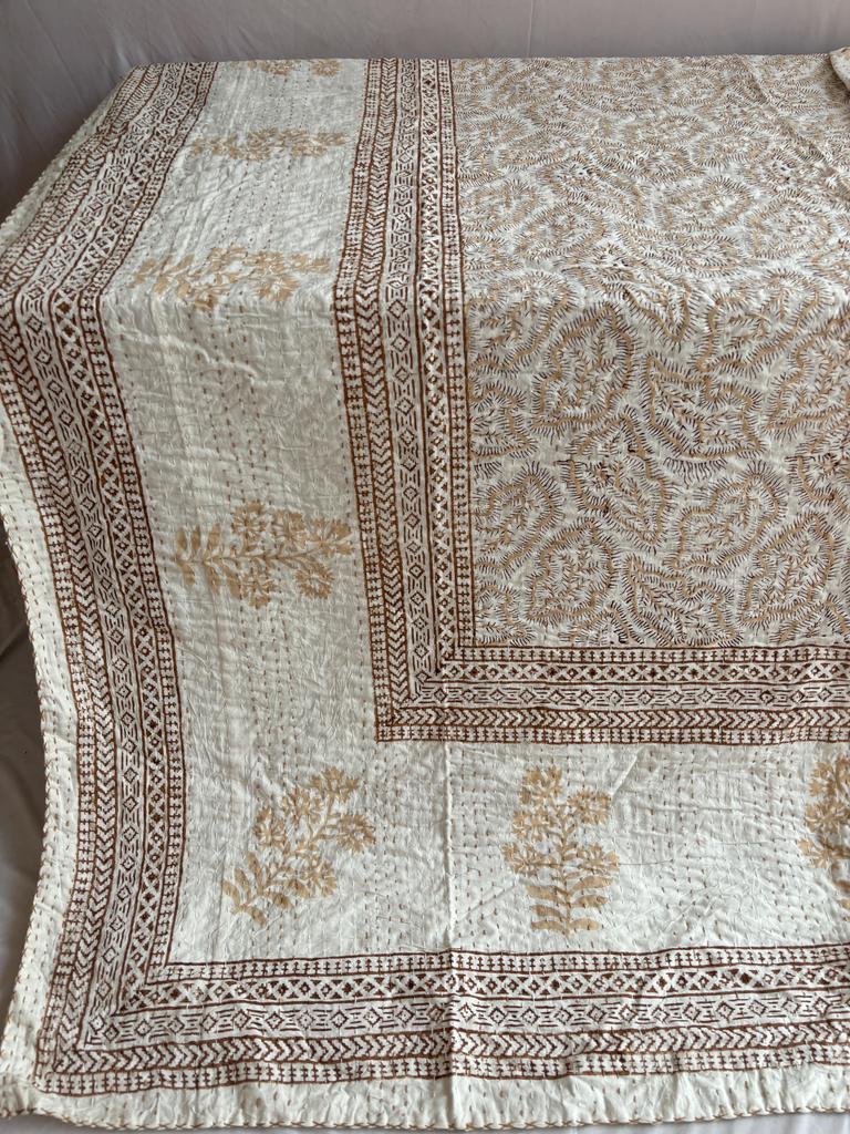 Kantha Stitch Pure Cotton Reversible Bed/Sofa Throw King Size | Handmade Hand Printed Floral Dohar | Gudari Kantha Bedspread blanket