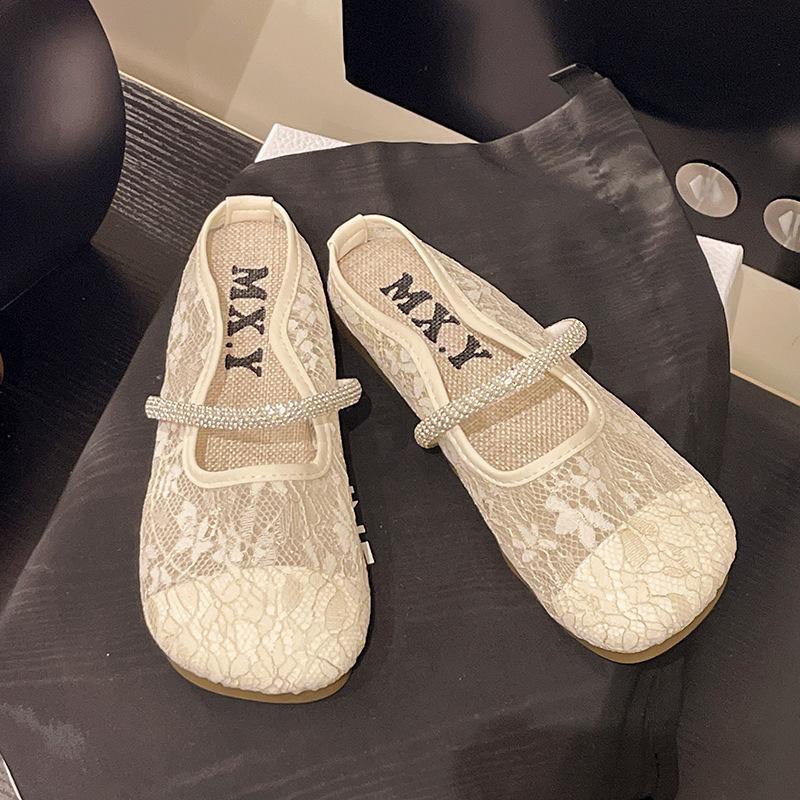 

Mesh breathable bag head half drag women 2025 summer new Korean version one-word casual flat bottom outer wear round head soft bottom slippers 35 бежевый