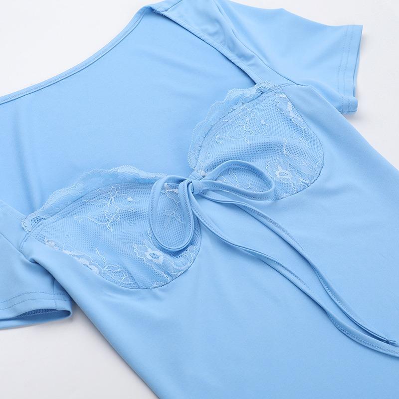 Autumn Temperament Slim Sexy Lace Breast Cup Short-sleeved Slit Dress