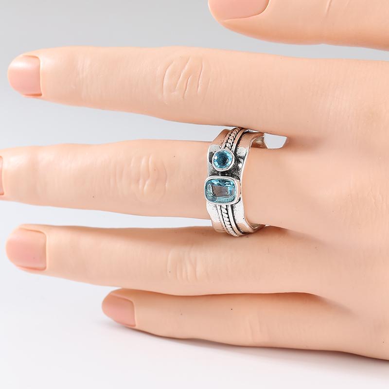 Vintage Inlaid Sea Blue CZ Women's Ring Sparkling CopperColor Hand Carving Daily Wear Party Jewelry Anniversary Gift