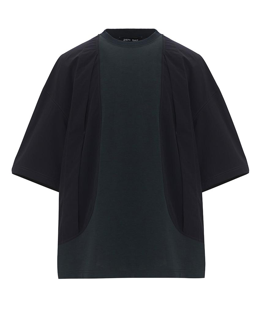 ZENSAI Curved Line Woven Mix Fly T-Shirt