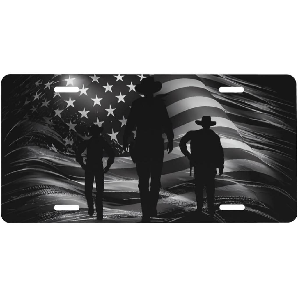 Retro Cowboy Grey Black American Flag Aluminum License Plate 6 X 12 Inch Metal Car Front License Plate Cover Car Decor Accessory Novelty Vanity