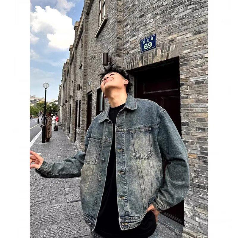 

Men s Retro Washed Denim Jacket - Trendy, Distressed, Loose Fit Casual Wear L синий