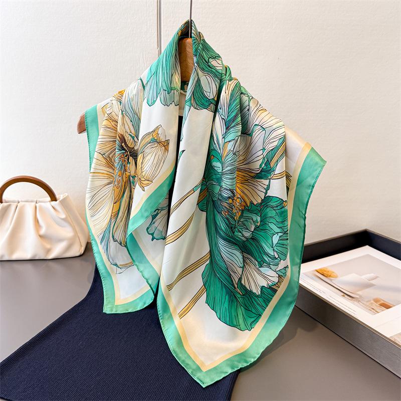 Flower Print 70Cm Square Silk Women's Scarf Spring Summer Beach Satin Scarves Shawl Headband Bandana Hijab Wrap Lady Neckerchief