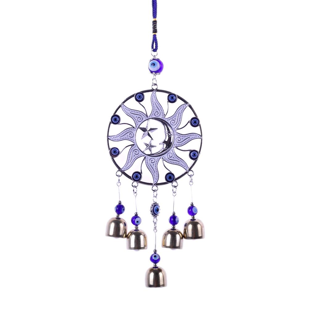 Turkiye Blue Eyes Alloy Sun Star Moon Pendant with Bell Charm Wind Chimes for Home Garden Hanging Wall Decoration Lucky Amulet