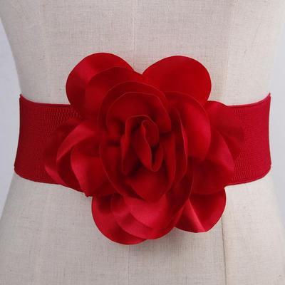 Versatile Women's Wide Elastic Waist Belt with Large Black Flower Pattern