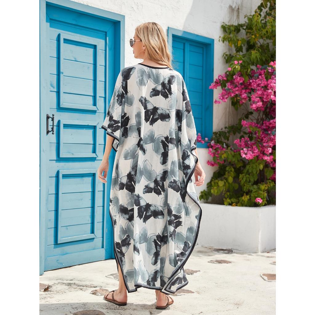 7-Color Cross-border Large Size V-neck Dress Beach Blouse Loose Vacation Dress Bikini Blouse 3897