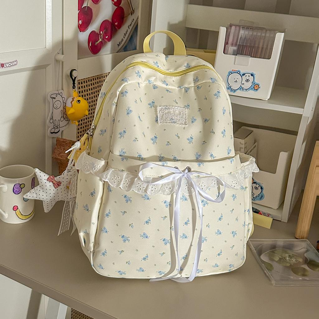 Schoolbag Milky White Floral Backpack Female Ins Niche Schoolbag Female Lace Backpack Junior High School Versatile Commuter Backpack