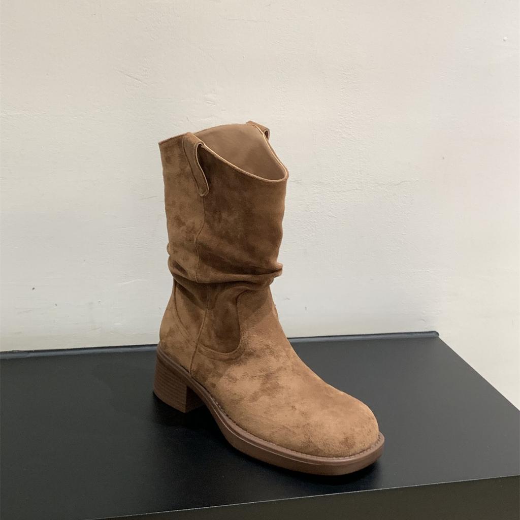 High Heel Medium Knight Boots Women's Boots 2025 New Autumn and Winter V-mouth Western Cowboy Pile Short Boots Martin Boots