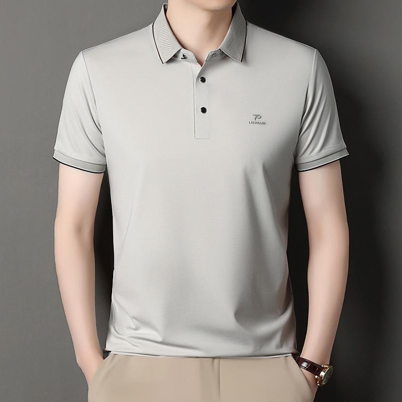 Short Sleeve Polo Men'S Short Sleeve Lapel Solid Color Loose T-Shirt Machine Washable Clothes Ice Silk High-End Clothing