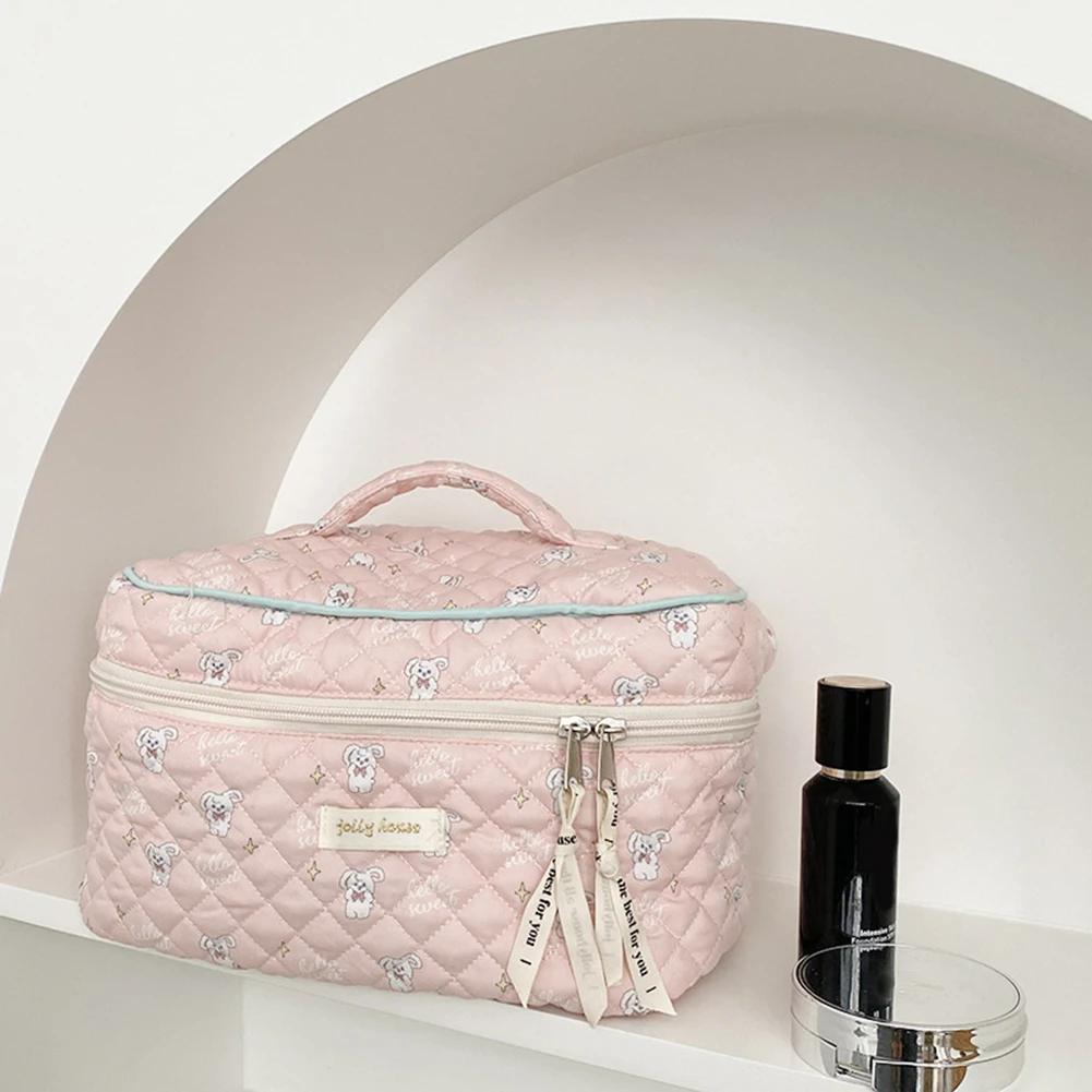 Korean Cute Cosmetic Bag Portable Zipper Toiletry Bag Quilted Travel Organizer Large-capacity Floral Print for Ladies Girl