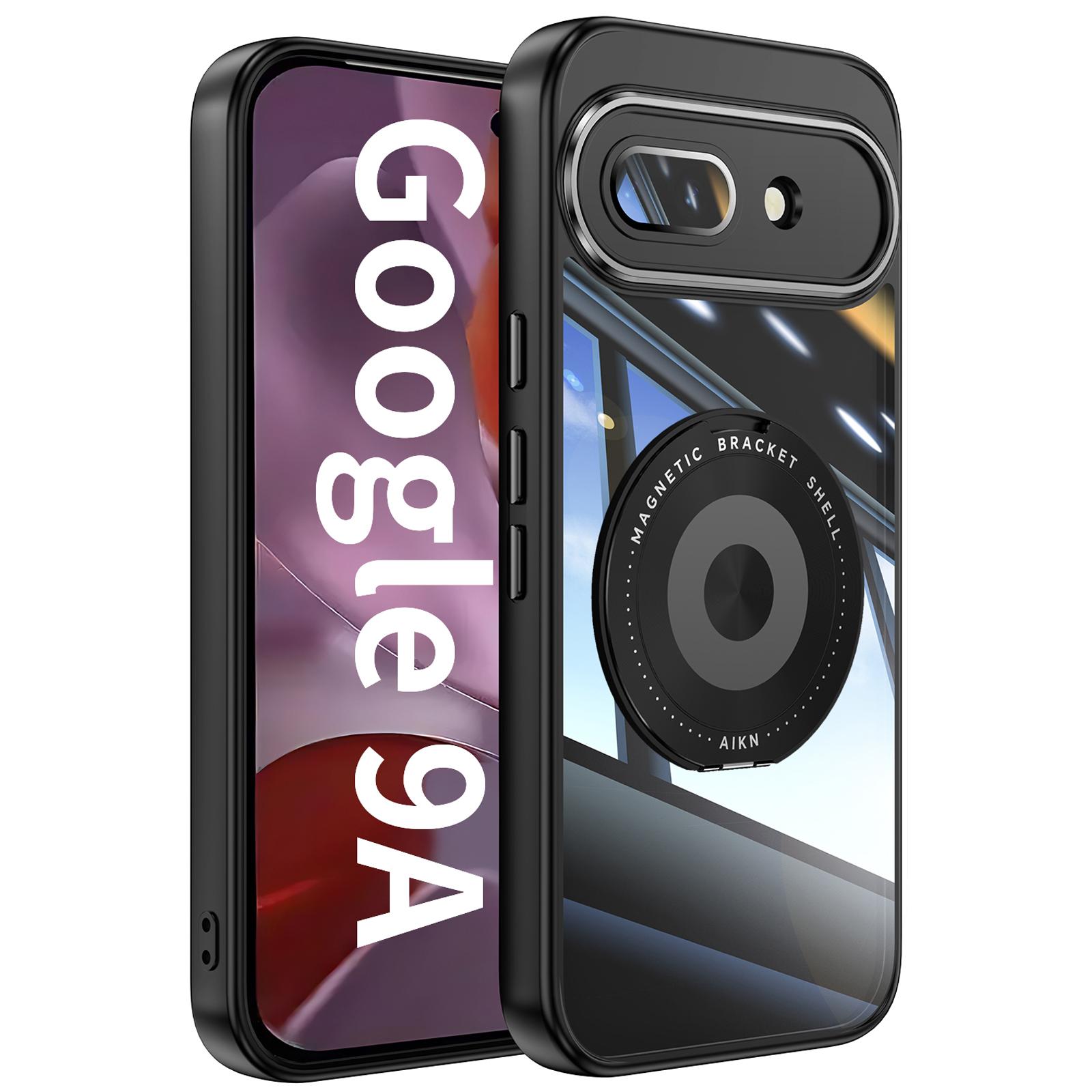 

For Google Pixel 9a Magnetic Case PC+TPU Phone Cover with Rotating Metal Kickstand,Lens Protector Black