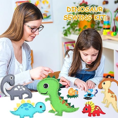 Kinder Nähset 14 Teile Dinosaurier Filz Bastelset, DIY Anfänger Nähset mit Füllwatte Garn Schere, Pädagogisches Kreatives Kunstgeschenk für Jungen Mädchen