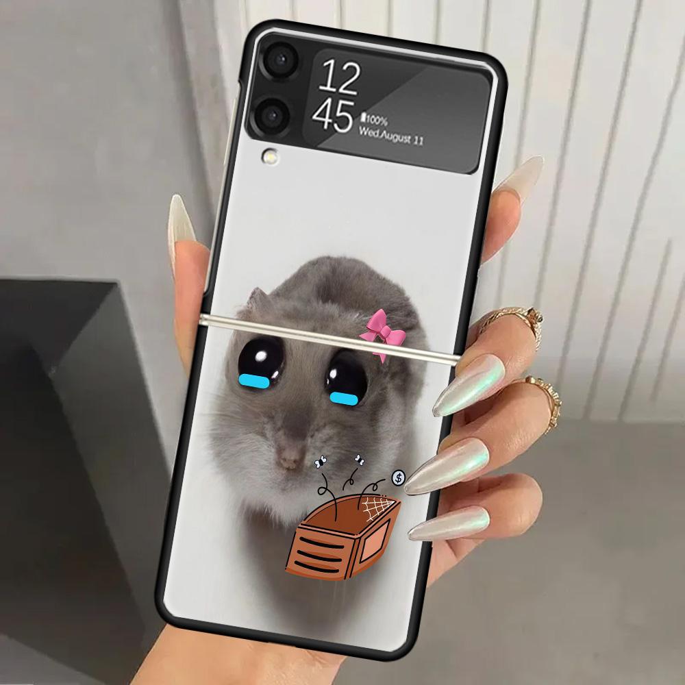 Funny Sad Hamster Meme Hard PC Phone Case For Samsung Galaxy Z Flip 7 6 5 4 3 Black ZFlip7 ZFlip6 Flip5 Flip4 Flip3 5G Print Cov