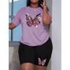 Übergröße Damen Sommer metallischer Farbverlauf Schmetterlingsdruck Premium bequemes T-Shirt zweiteiliges Set