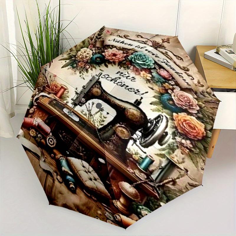 

Vintage Sewing Machine with and Spools of Thread - Cute Cartoon Umbrella Portable Folding Umbrella Durable Iron Frame, 8 Rib