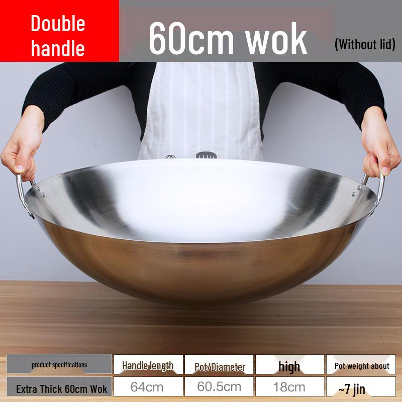 Extra Thick Non-Magnetic Stainless Steel Wok, 34-100cm Round Bottom with Double Ears for Commercial Use