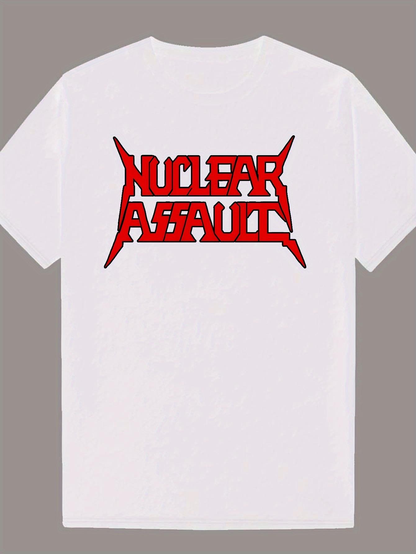 

Navy Blue Graphic T-shirt - Lightweight Summer Tee with Red NUCLEAR ASSAULT Lettering S