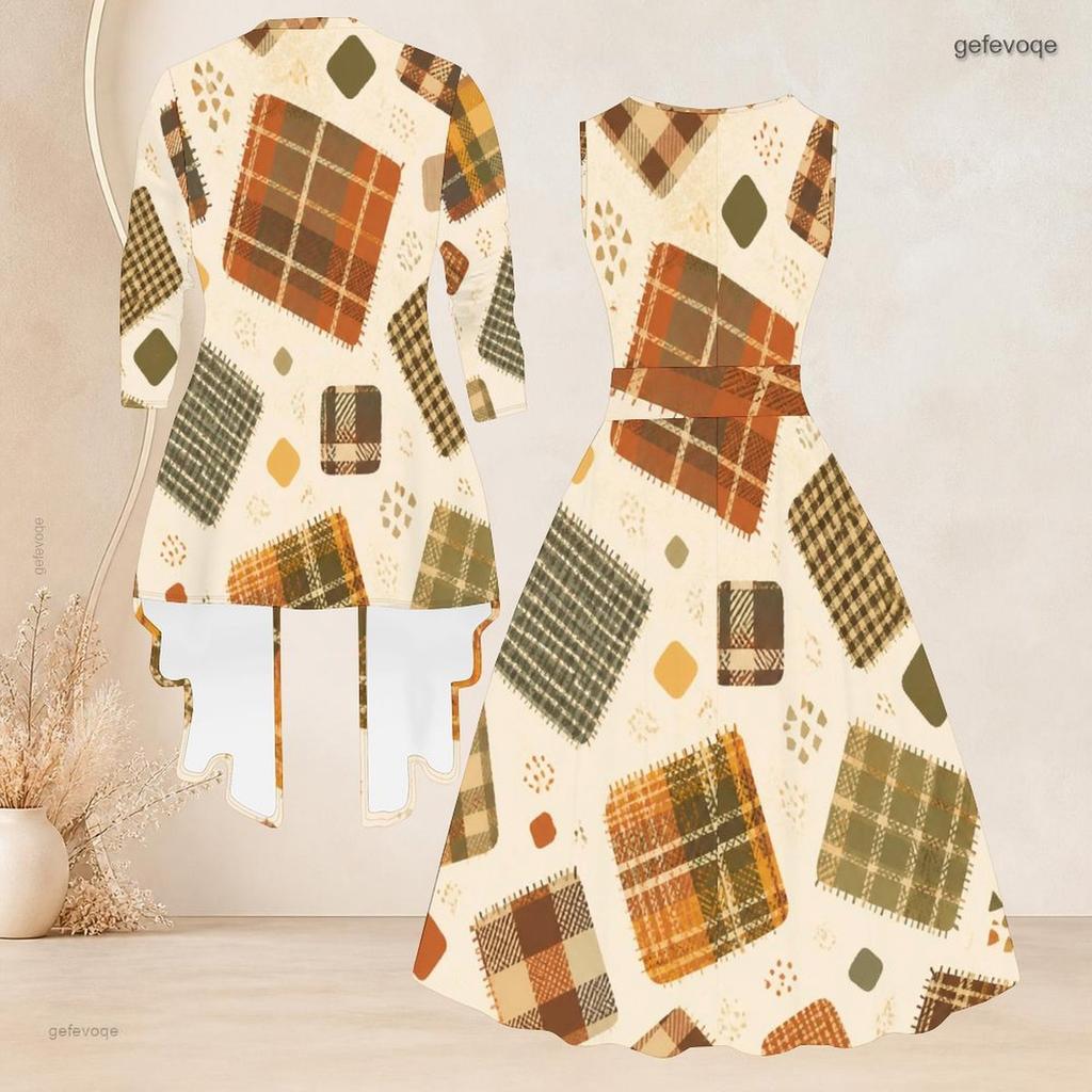 Women Plus Size Two Piece Set Plaid Printed 3 4 Sleeve Draped Cardigan Sleeveless Tie Waist Flared Dress