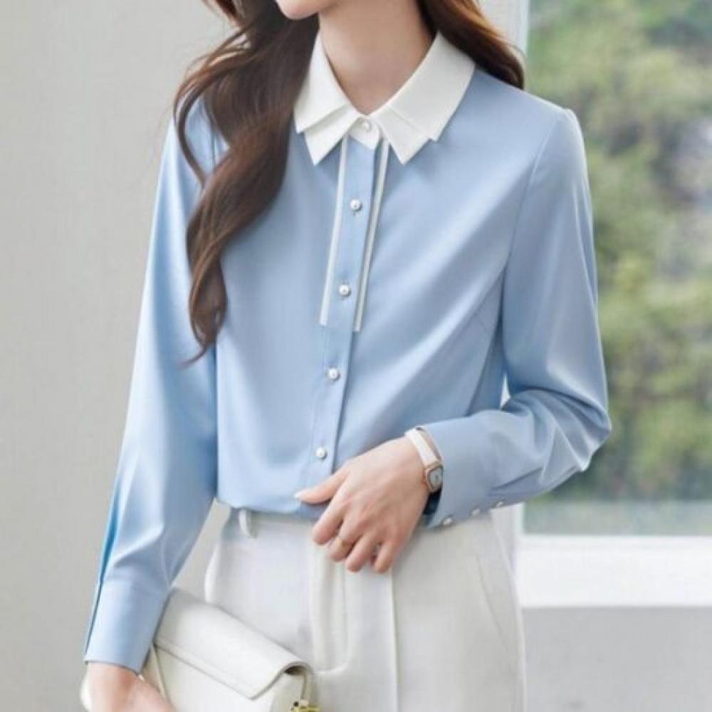 Navava Women Casual Color Block Double Collar Long Sleeve Shirt Nb3058