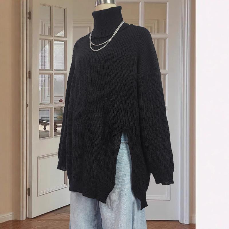 Slit Mid-length Top European American Women's High-neck Lapel Loose Pullover Sweater