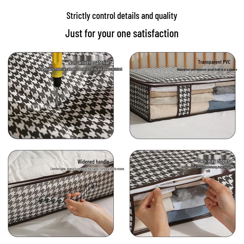 Houndstooth Under-Bed Storage Bag: Dustproof, Large Capacity, Visible Fabric for Clothes & Quilts