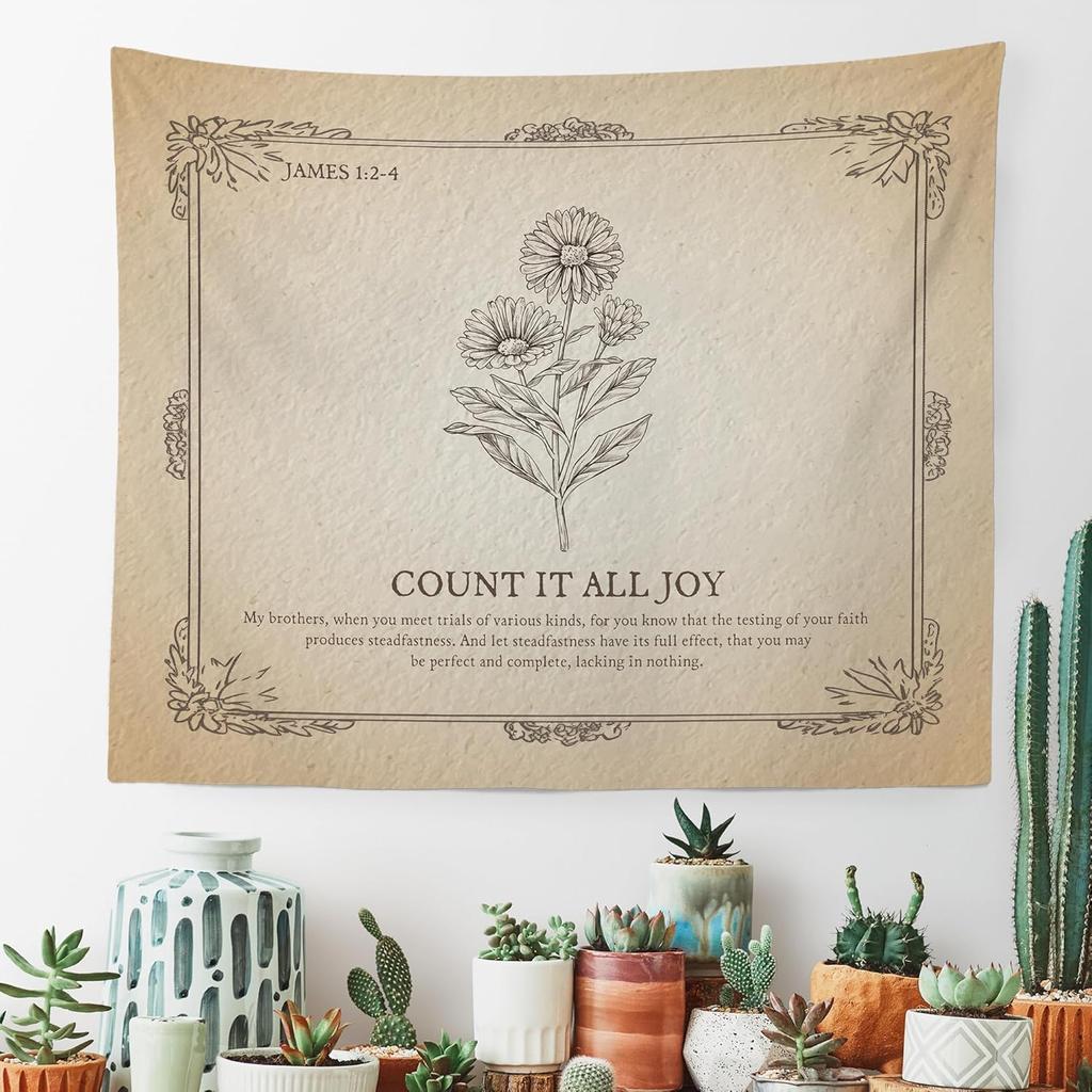 Vintage Christian Floral Wall Tapestry Hanging for Bedroom Flower Bible Verse Scripture James 124 TapestryRustic Religious