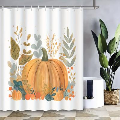 Autumn Watercolor Pumpkin & Leaf Shower Curtain - Cartoon Thanksgiving Design, 12 Hooks Included, Fall Bathroom Decor